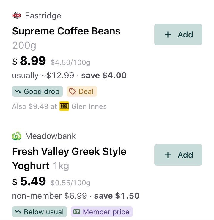 BeepWise deals feed with good-drop, deal, and member-price badges on real products.