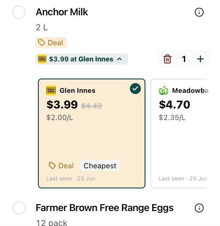 BeepWise shopping list showing a grocery item with its cheapest selected-store price and a store-by-store comparison.